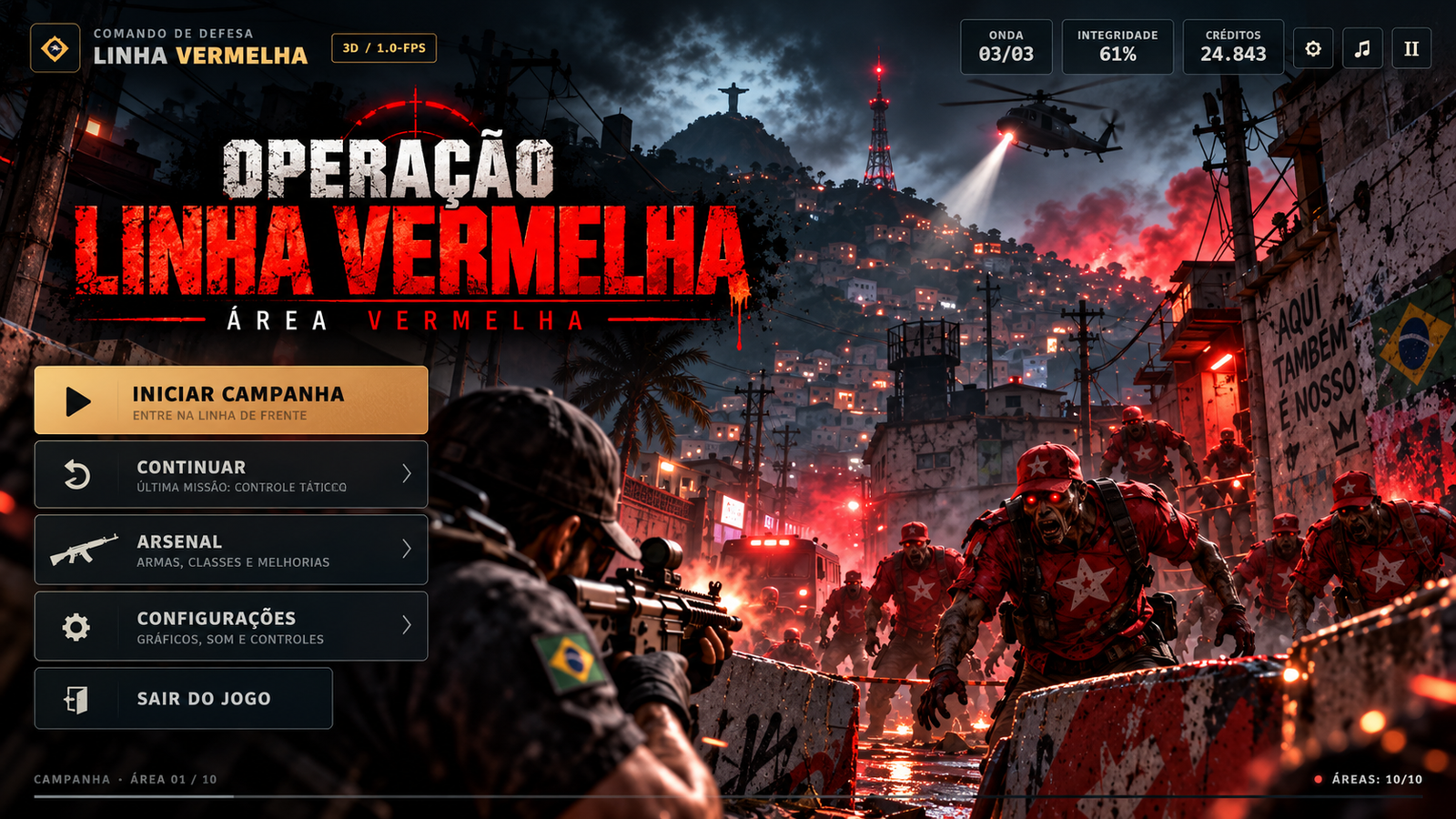 Capa oficial Operação Linha Vermelha: favela à noite, defensor e inimigos infectados